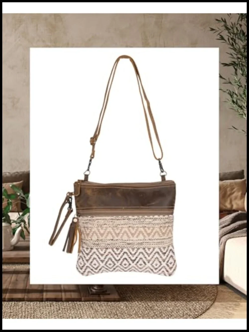 Boho Aztec Canvas Crossbody Bag with Real Leather Detailing